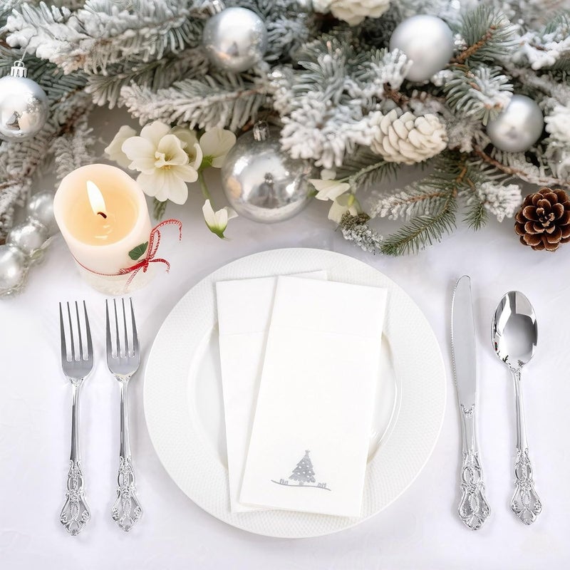 Joyido 100PCS Christmas Paper Napkins - Silver Christmas Tree Napkin with Built-in Flatware Pocket Prefolded Cloth-Like - Heavy-duty Linen-Feel Dinner Napkins Disposable for Xmas Tableware Decor - Image 5